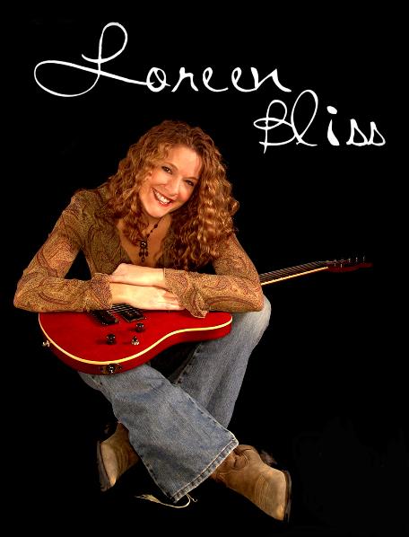 Loreen Bliss, Fall 2004.  This great guitar belongs to my producer, J. Marc Bailey.  He can play it, I can't.  Looks great in a picture though!  Speaking of which.... I did my own hair for this picture with just a three barrel curling iron.