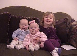 Twins with big sister. Valentine's Day 2002. 7 months